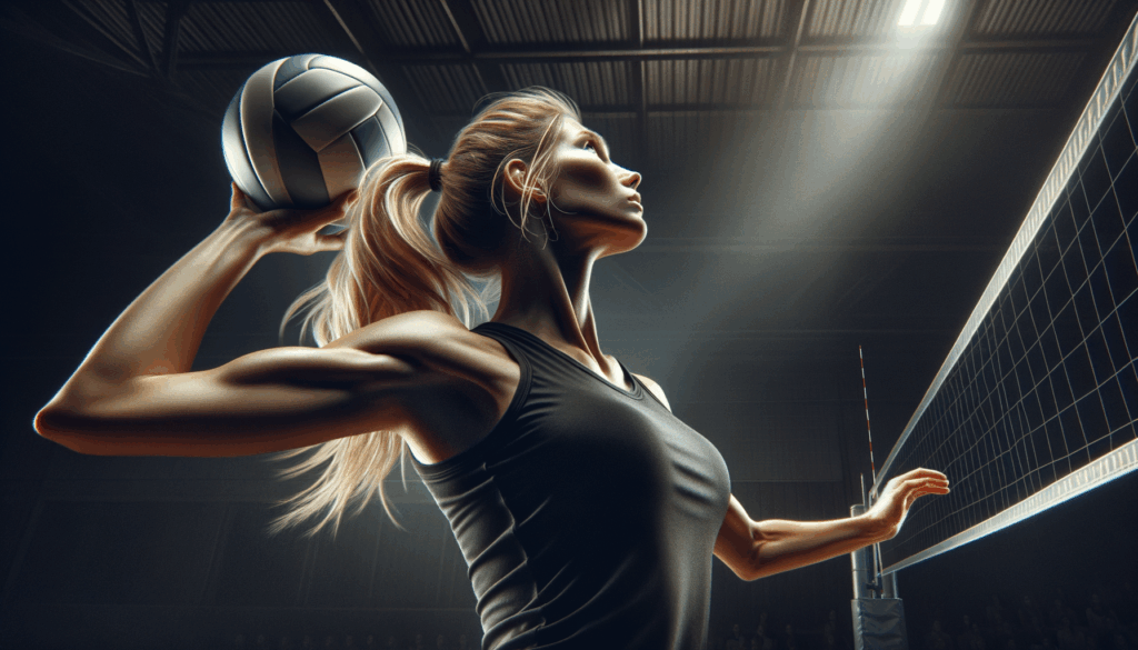 A tall, blonde female volleyball player prepares to deliver a powerful serve.