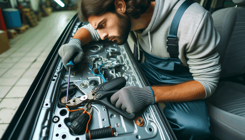 Zeige einen Hobbyschrauber, der die Innenverkleidung einer Autotür abmontiert hat und am Türinneren arbeitet, indem er den Fenterheber repariert.
